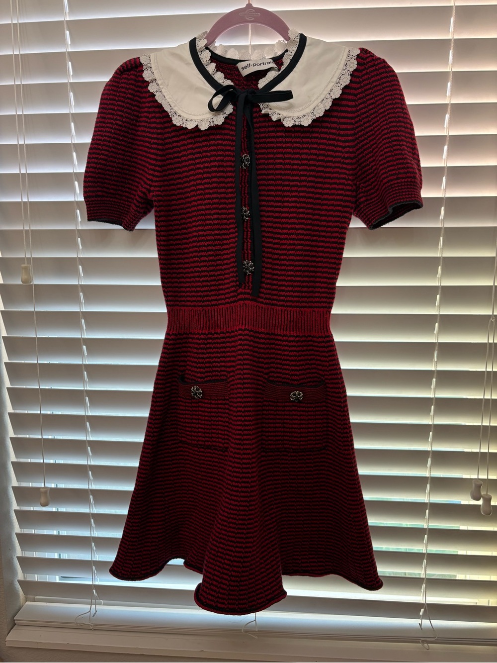 Self-Portrait Red and Black Knit Dress with White Lace Collar